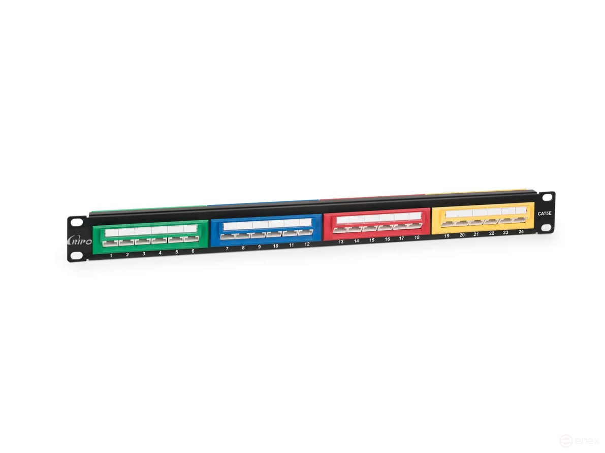 Patch Panel 19" (1U) Ripo, 24 RJ-45 ports, Category 5e, Dual IDC, 45 degree port angle, Color