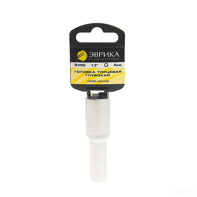 Головка торцевая 9мм 1/2" 6-гранная глубокая L=80мм (с держателем) ЭВРИКА ER-91502H 1/160