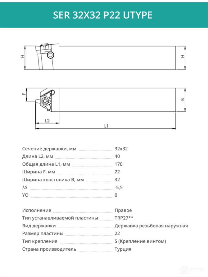 SER 32X32 P22 UTYPE Male thread cutter 32x32 mm, right / plate TRP27**