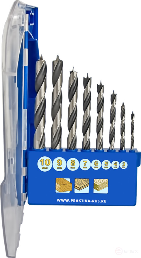 Набор сверл по дереву ПРАКТИКА "Профи", 8 шт, 3,4,5,6,7,8,9,10 мм, ПРО кассета (640-360)