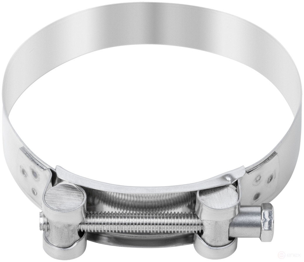 The clamp is a crimping power hinge, stainless steel.steel 104-112 mm