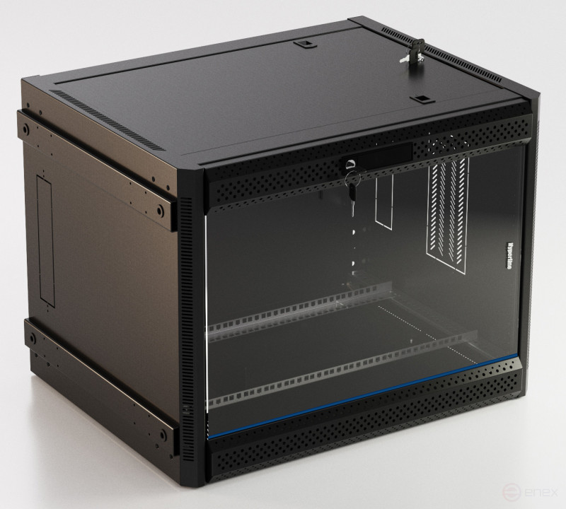 TWB-FC-1566-GP-RAL9004 Wall cabinet 19-inch (19"), 15U, 787x600x600mm, glass door with perforation on the sides, handle with lock, with the possibility of mounting on legs (included), color black (RAL 9004) (disassembled)