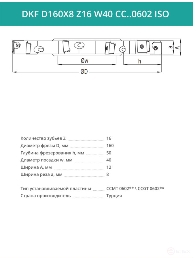 Фреза дисковая D160 мм, 16 зубьев DKF D160X8 Z16 W40 CC..0602 ISO / пластина CC*T 0602**