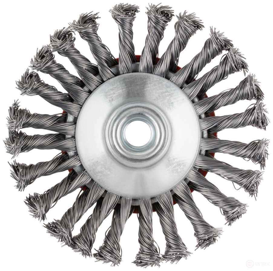 Корщетка-колесо с наклоном, гайка М14, стальная витая проволока 100 мм, блистер