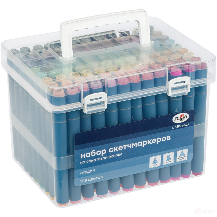 A set of double-sided markers for sketching Gamma "Studio" 108tsv., basic colors, triangular body, bullet-shaped /wedge-shaped. tips, plastic case