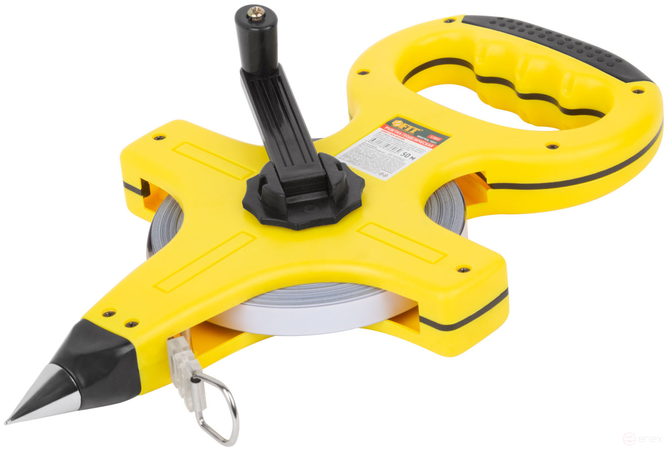 Geodetic tape measure, steel tape, yellow open plastic case, rubberized handle 50 m