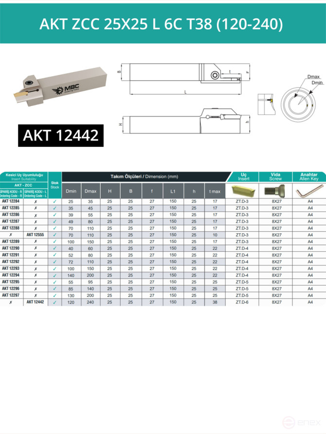 AKT ZCC 25X25 L 6C T38 (120-240) резец токарный левый для торцевых канавок 25x25 мм / пластина ZT*D06***