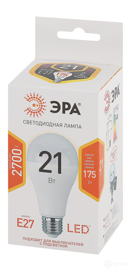 Лампа светодиодная ЭРА STD LED A65-21W-827-E27 21Вт груша теплый белый свет Е27