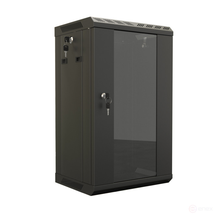 TDB-15U-GP-RAL9004 Wall cabinet 10", 15U, 774.5x390x300, set size 254 mm, with glass door, opening walls, possibility of installing a fan, color black (RAL 9004) (assembled)