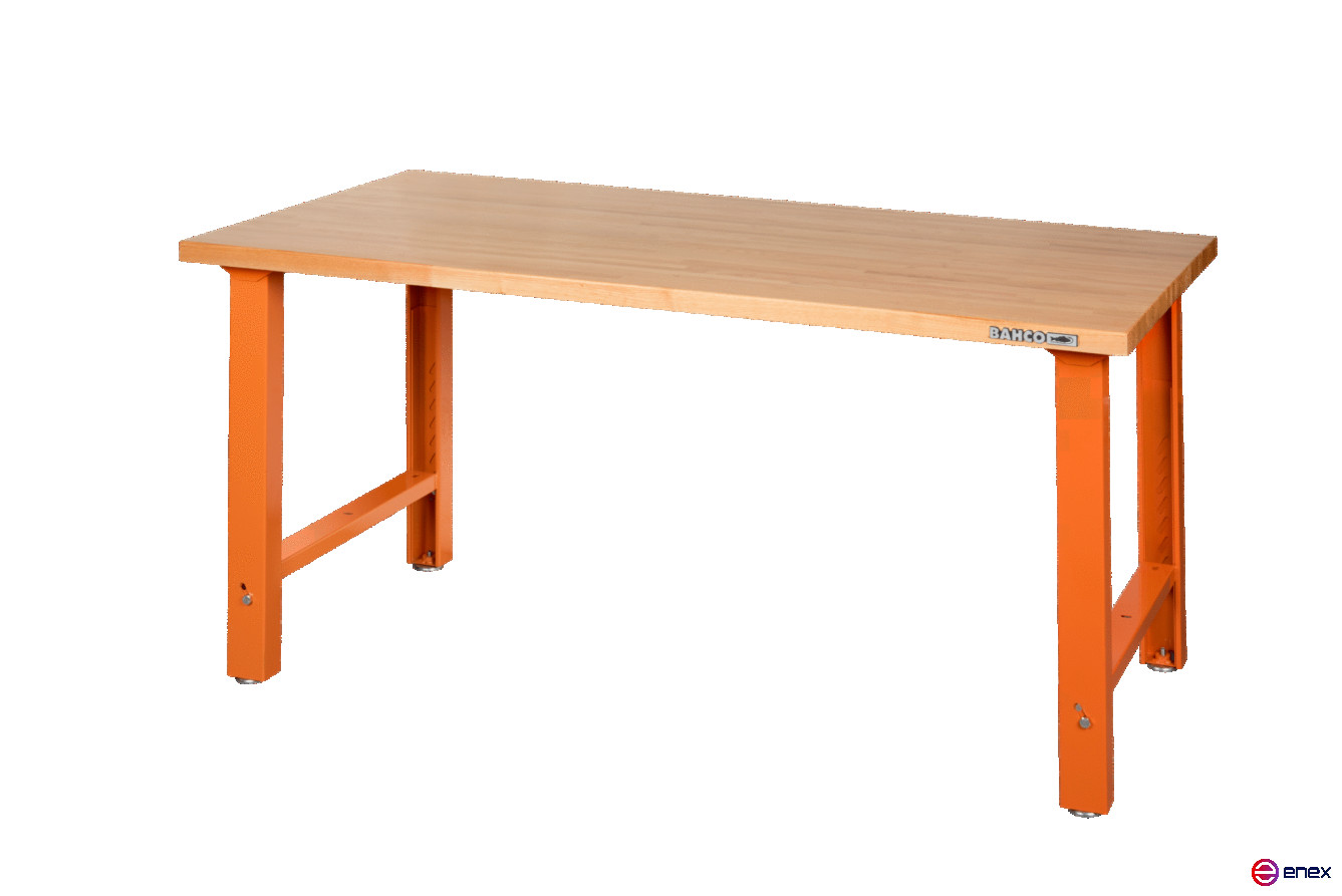 Heavy duty workbench, wooden table top, height adjustable, 4 legs, orange, 1500 x 750 x 1030 mm