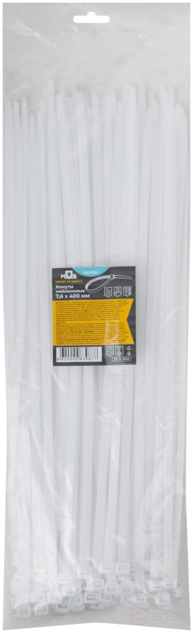 Хомуты нейлоновые для проводов, белые 100 шт., 7,6х400 мм