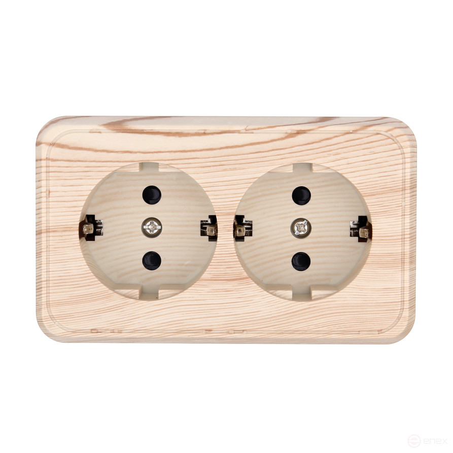 Double socket for open installation with grounding contacts and protective shutters (pine), Standard