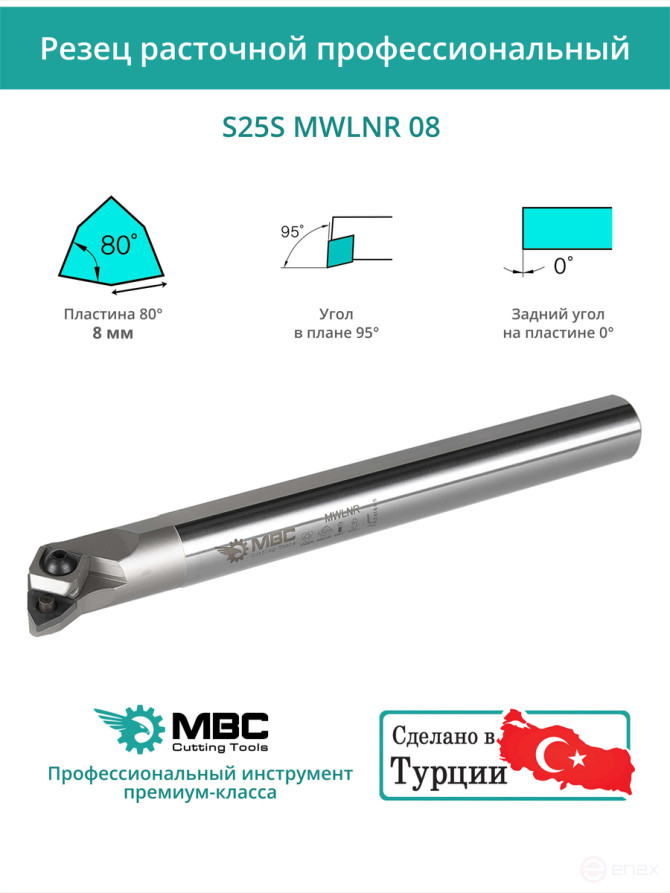 S25S MWLNR 08 внутренний токарный расточной резец правый, 25 мм / пластина WNMG 0804**