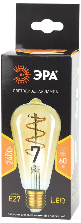 Лампа светодиодная ЭРА F-LED ST64-7W-824-E27 spiral 7Вт филамент золотистый теплый белый свет Е27