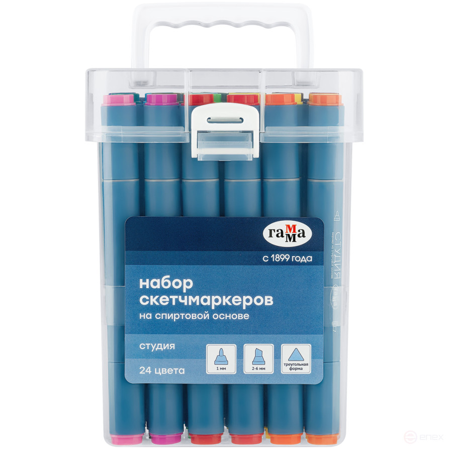 Набор двусторонних маркеров для скетчинга Гамма "Студия" 24цв., основные цвета, корпус трехгранный, пулевид./клиновид. наконечники, пласт.кейс