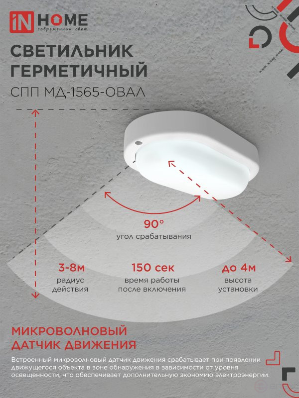 Светильник светодиодный герметичный СПП МД-1565-ОВАЛ 15Вт 6500К 1350Лм с микроволновым датчиком IP65 160х88мм IN HOME