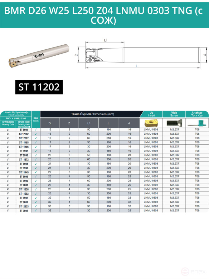 Концевая фреза корпусная 26 мм, 4 зуба, L 250 мм / BMR D26 W25 L250 Z04 LNMU 0303 TNG (с СОЖ)