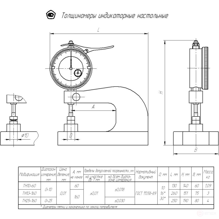 Толщиномер индикаторный ручной ТН 10-160 Ø30, с поверкой