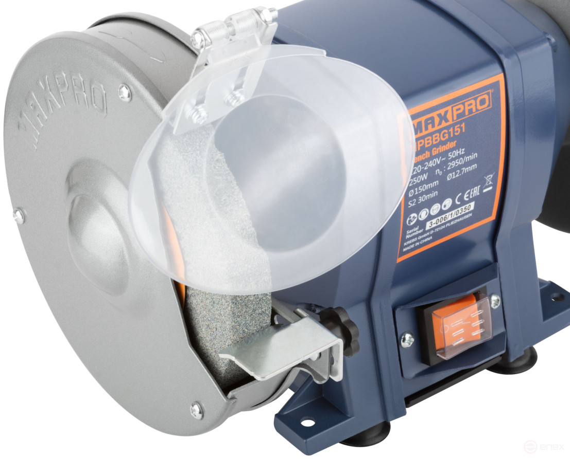 MAX-PRO Станок точильный 250 Вт; 2950/2950 об/мин; 1: 150/20/12,7 мм; 2: 150/20/12,7 мм; 6,55 кг; индукционный мотор; кор.