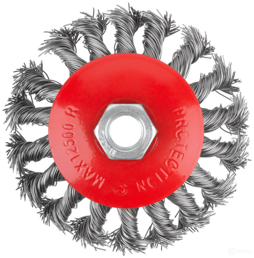 Корщетка-колесо с наклоном, гайка М14, стальная витая проволока 100 мм