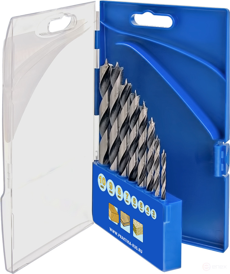 Набор сверл по дереву ПРАКТИКА "Профи", 8 шт, 3,4,5,6,7,8,9,10 мм, ПРО кассета (640-360)