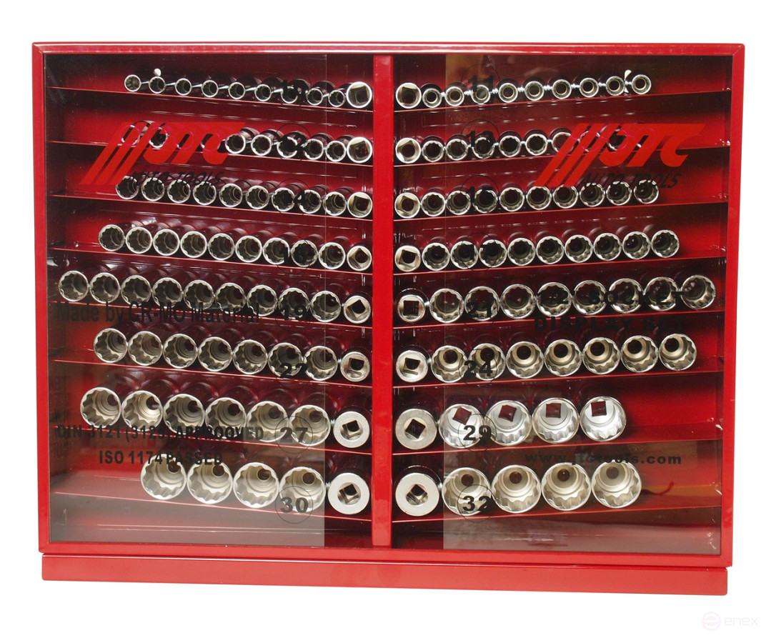 A set of 1/2" 12-sided 10-32mm deep 137 end heads in a JTC metal cabinet