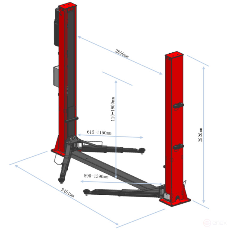 Подъемник электрогидравлический 4т 110-1900мм 2-х стоечный 220В ниж.синхрон. (электр. спуск) GTE