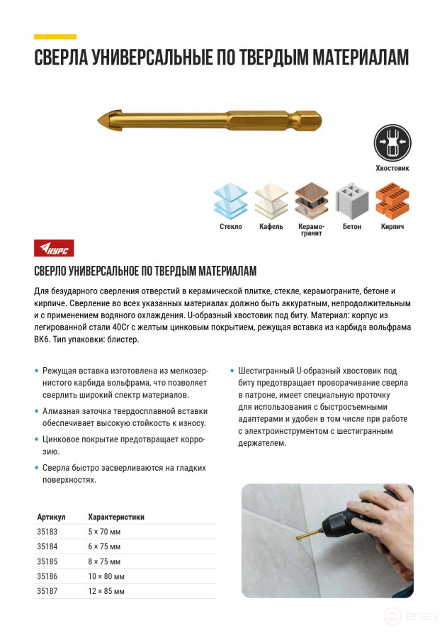 Сверло универсальное по кафелю, стеклу, керамограниту, бетону, кирпичу, шестигранный U-хвостовик под биту, 6х75 мм