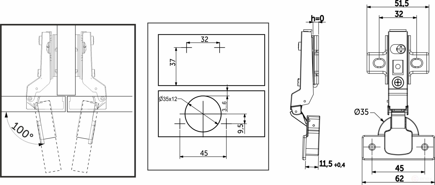 Semi-folding hinge with reverse spring 45mm h0 clip-on AKS