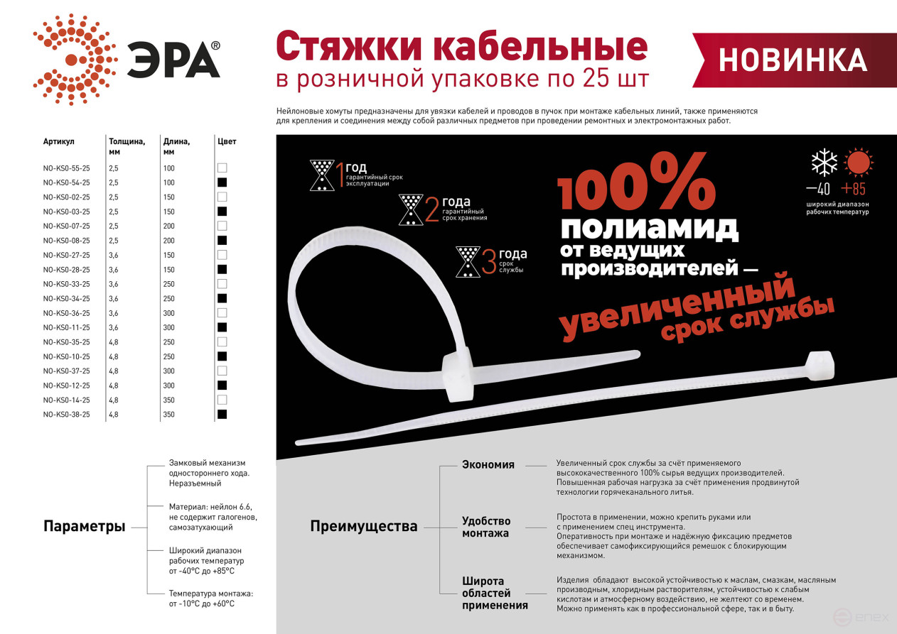 Кабельная стяжка ЭРА 4x300 белая 25 штук
