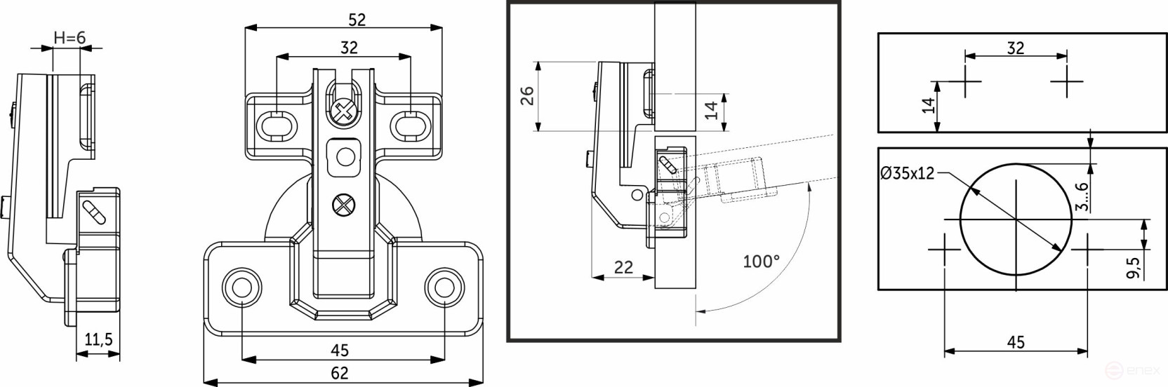 Петля под фальшпанель 90° с пружиной 45мм h6 slide-on AKS короткое плечо