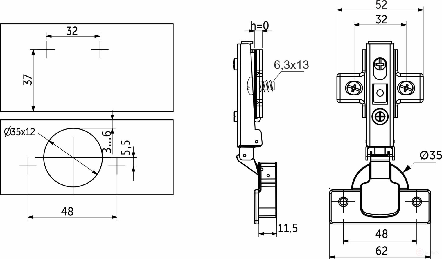 Overhead hinge with door closer 48mm h0 clip-on AKS (euro screws)