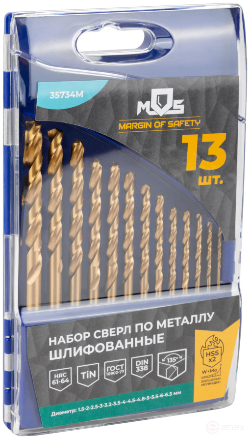 A set of HSS ground metal drills, titanium coating, 135° sharpening angle, layer. case, 13 pcs. (1.5-2.0-2.5-3-3.2-3.5-4-4.5-4.8-5-5.5-6-6.5 mm)