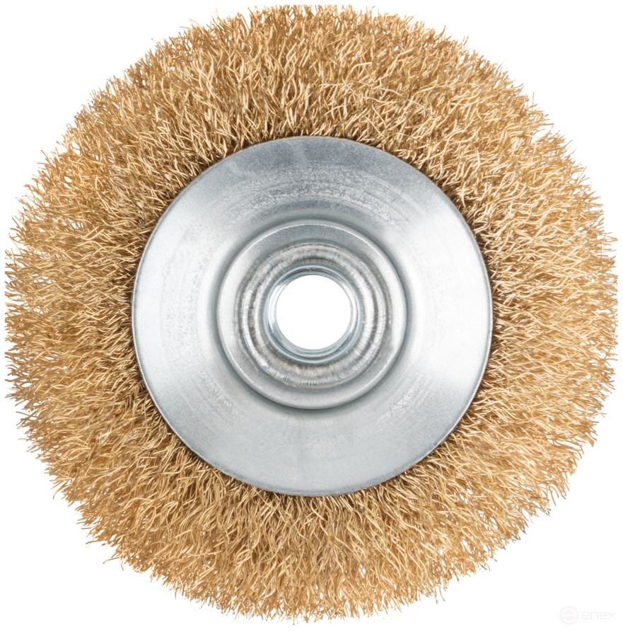 Корщетка-колесо с наклоном, гайка М14, стальная волнистая латунированная проволока 100 мм