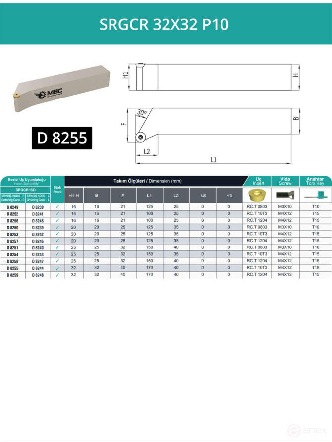 SRGCR 32X32 P10 right-hand turning tool 32x32 mm / plate 10 mm, RCMT 10T3**