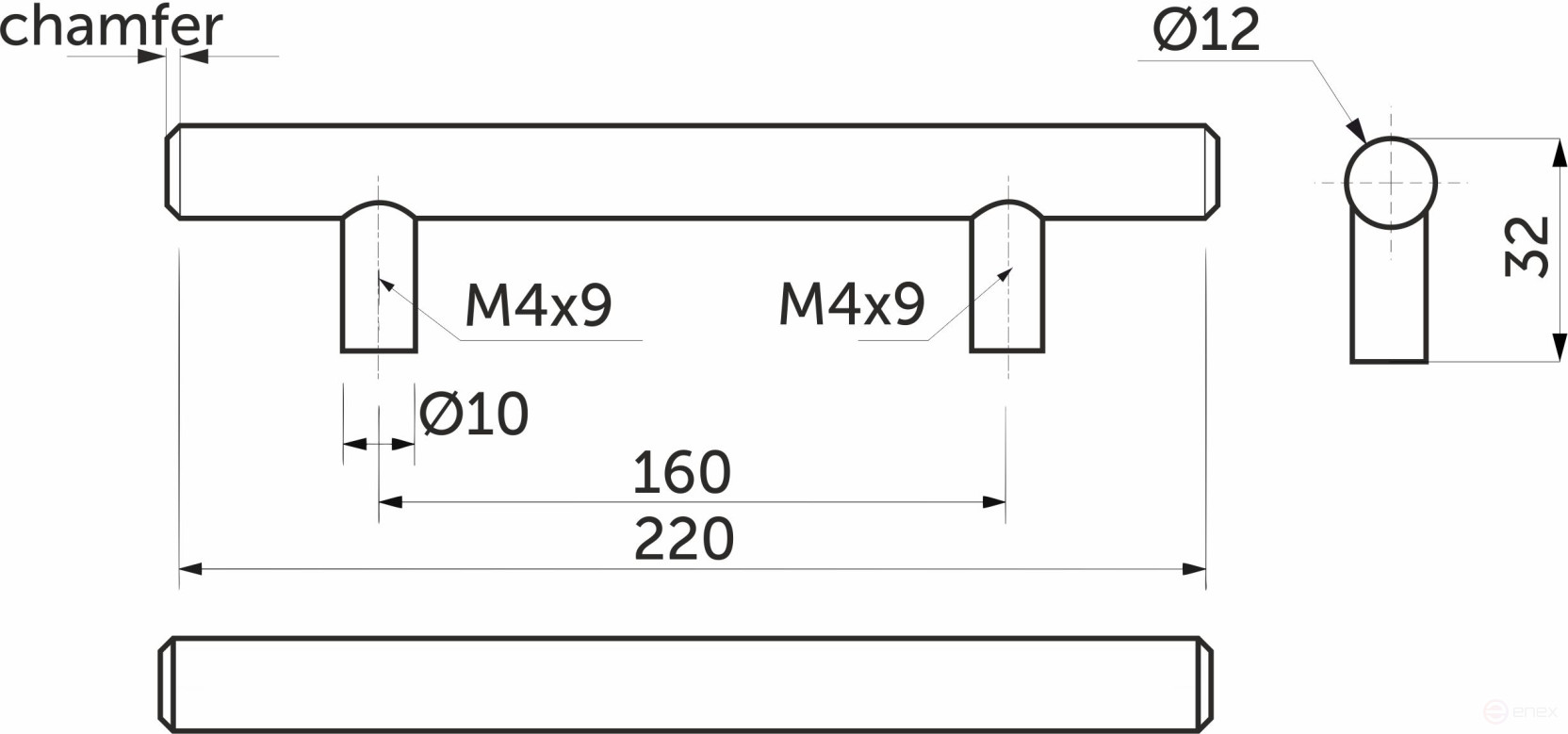 Metal rail handle 160/220 hollow steel ground steel, AKS