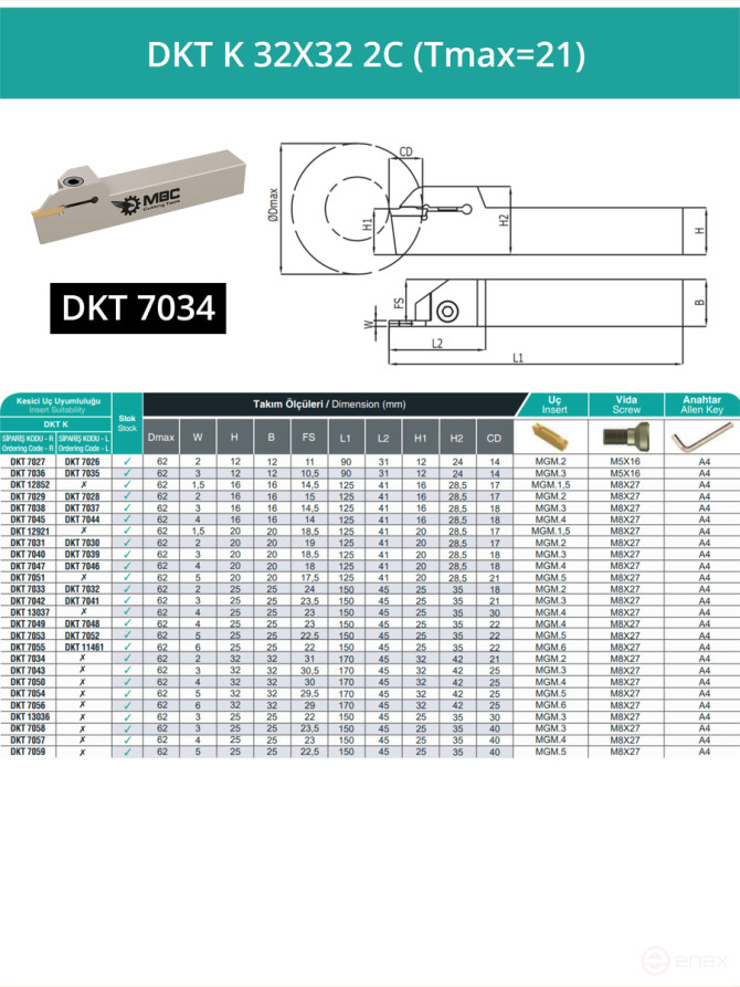 DKT K 32X32 2C (Tmax=21) резец токарный правый отрезной, канавочный 32x32 мм / пластина MGMN200