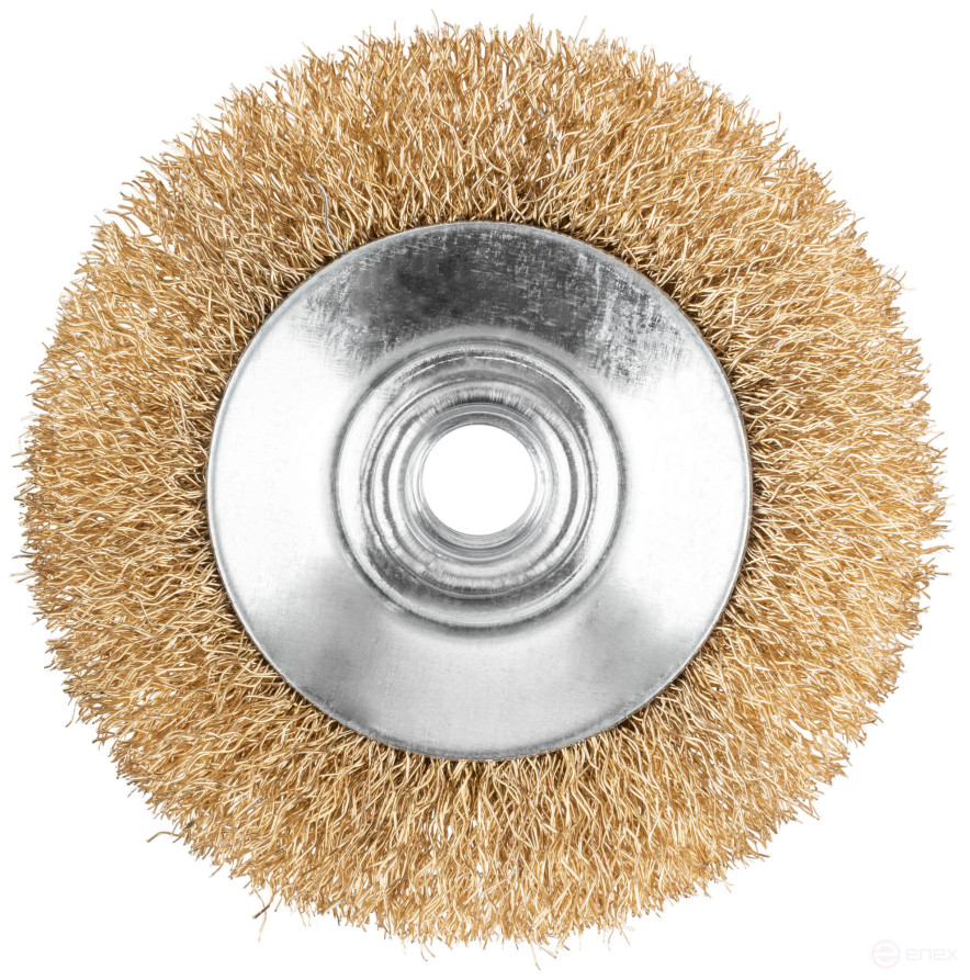 Корщетка-колесо с наклоном, гайка М14, стальная латунированная волнистая проволока 100 мм, блистер