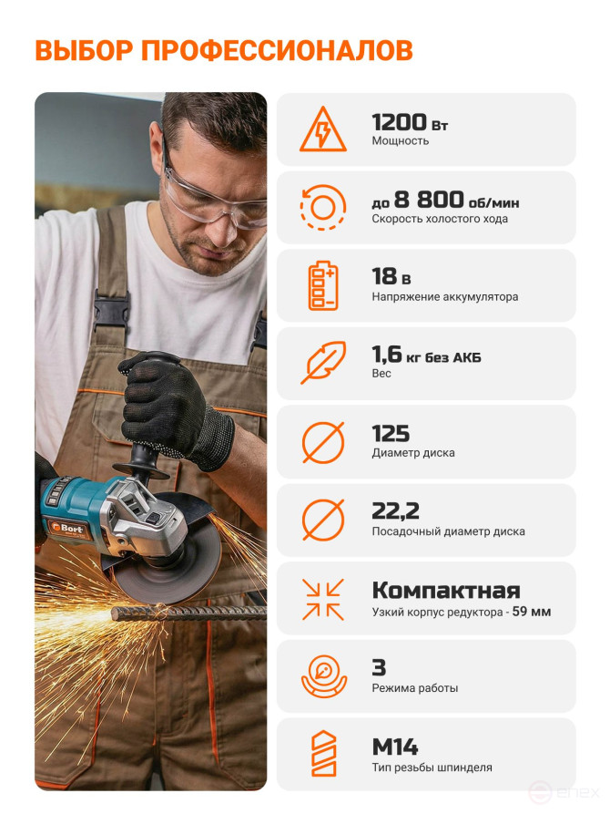 Машина шлифовальная угловая аккумуляторная BORT BWS-18Li-XDK