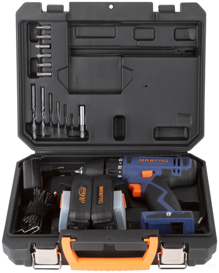 MAX-PRO Cordless Screwdriver 14.4 V; 0-350/0-1250 rpm; 10 mm; 28 Nm; 2 batteries (Li-Ion) x1.5 Ah; 15+1; 1 hour; speed control; rubber