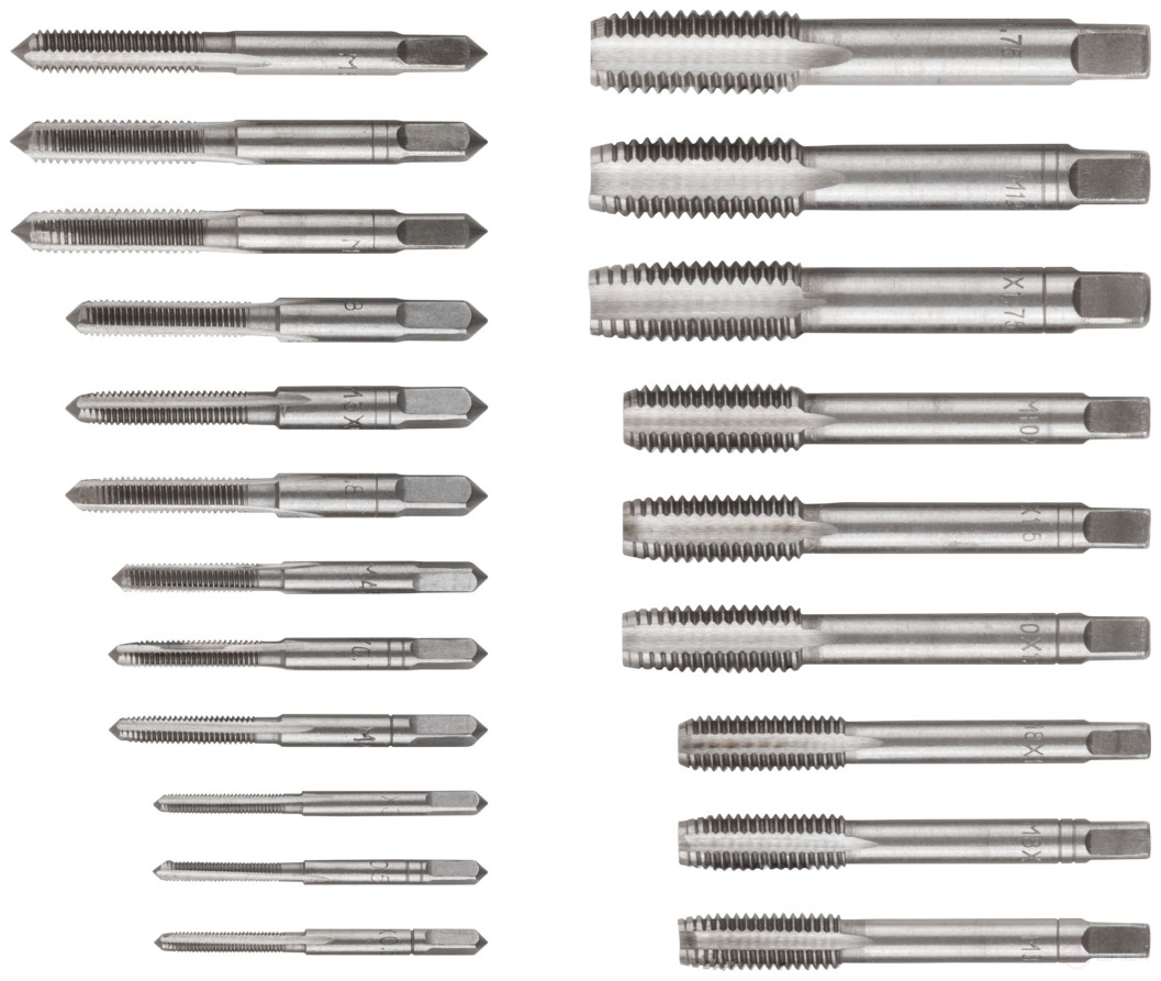 Метчики, легированная сталь Профи 21 шт. М3-М12, металлический кейс