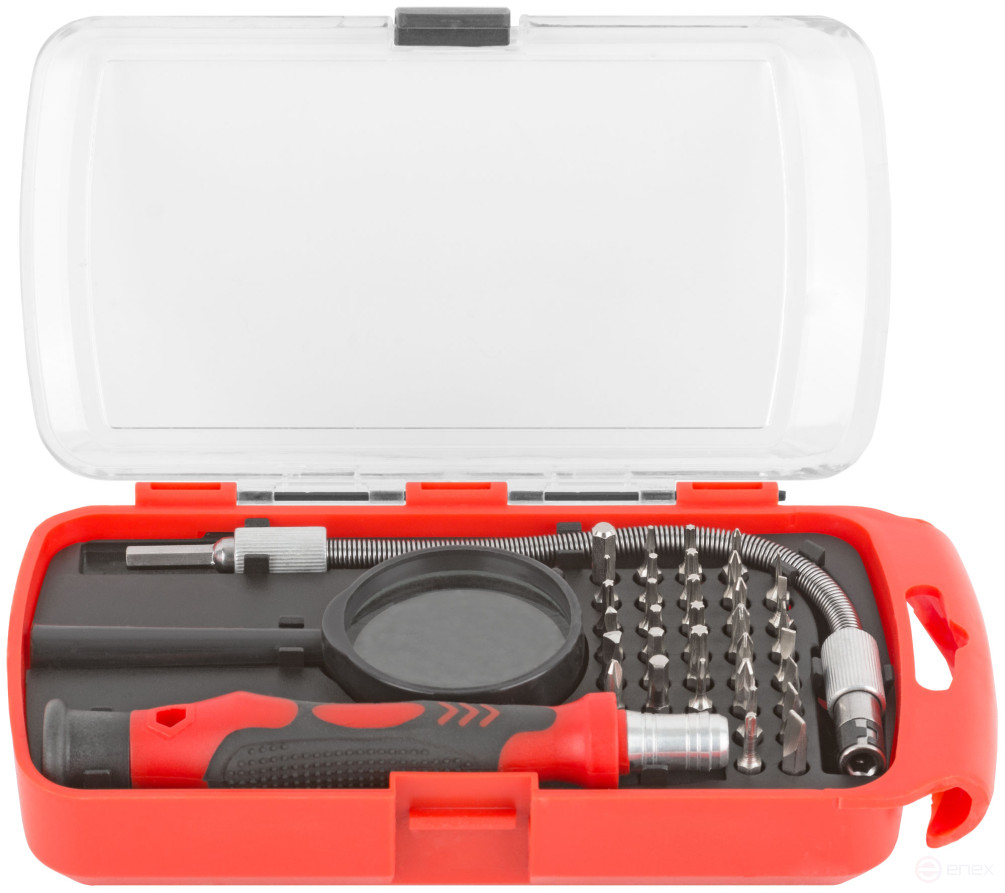 Screwdriver with bits for precision work, 33 CrV bits, 175 mm flexible adapter, magnifying glass, plastic box