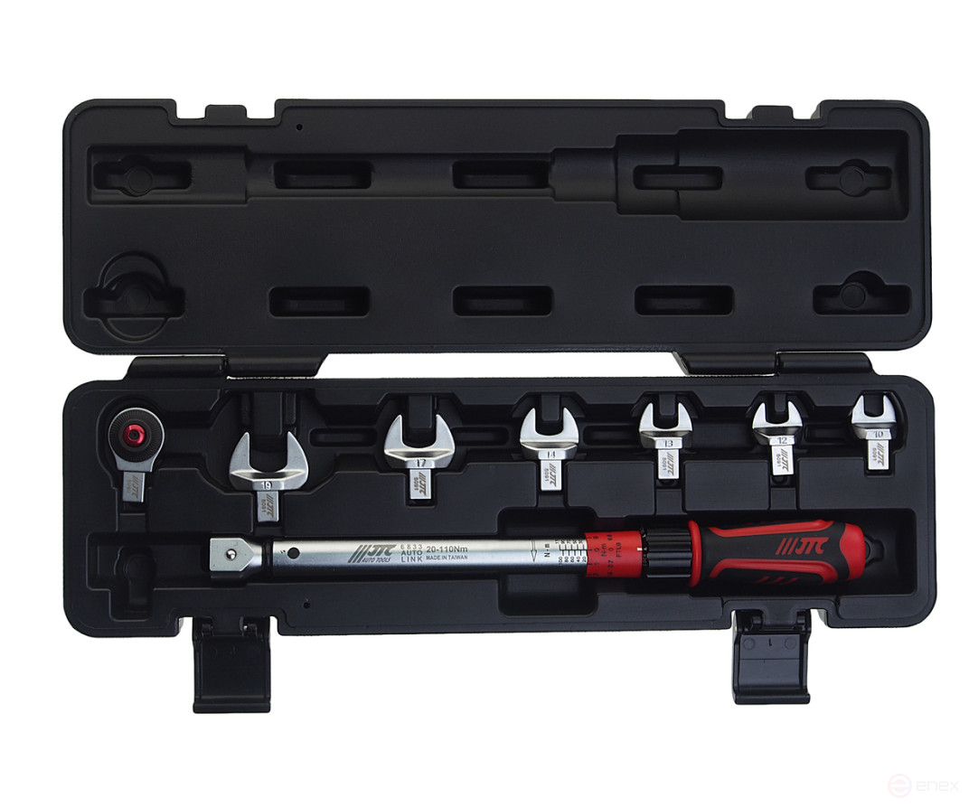 Ключ динамометрический 20-110Нм 9-12мм с рожковыми насадками 10-19мм 8 предметов JTC
