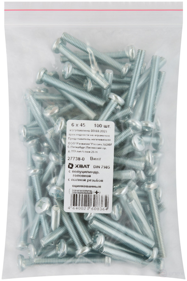 A semi-cylindrical screw. a head with a full thread of pins. DIN 7985 6x45 (packing 100 pcs)