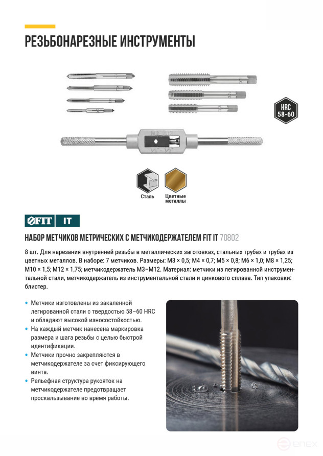 Метчики, легированная сталь Профи 7 шт. М3-М12, метчикодержатель универсальный, блистер