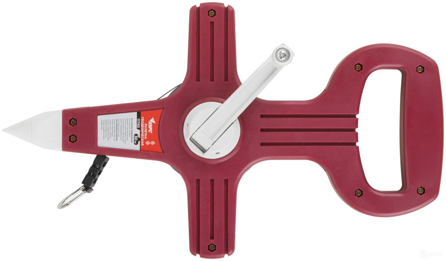 Geodetic tape measure, steel tape, red open plastic case 30 m
