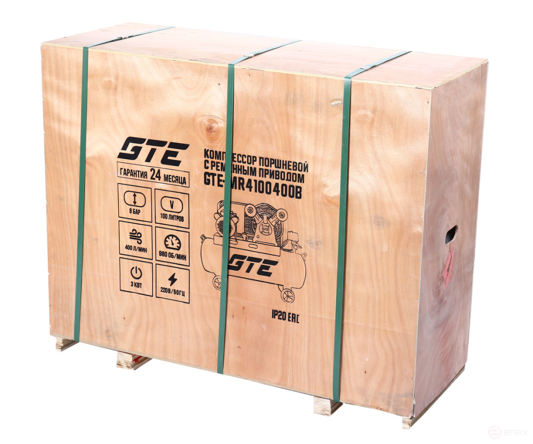 Компрессор пневматический 220В 3.0кВт 8атм. 400л/мин. ресивер-100л поршневой ременной GTE