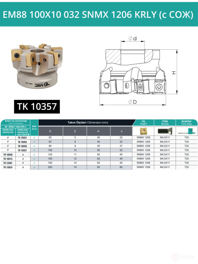 100 mm end milling cutter, 32 mm fit, 10 teeth EM88 100X10 032 SNMX 1206 KRLY (with coolant) for KORLOY plate
