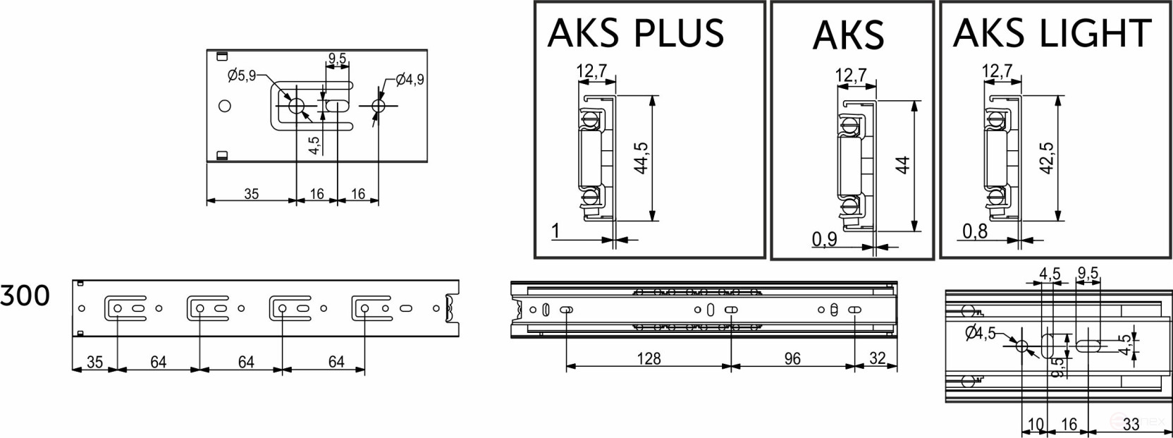 Направляющая шариковая L-300 h=45 AKS PLUS