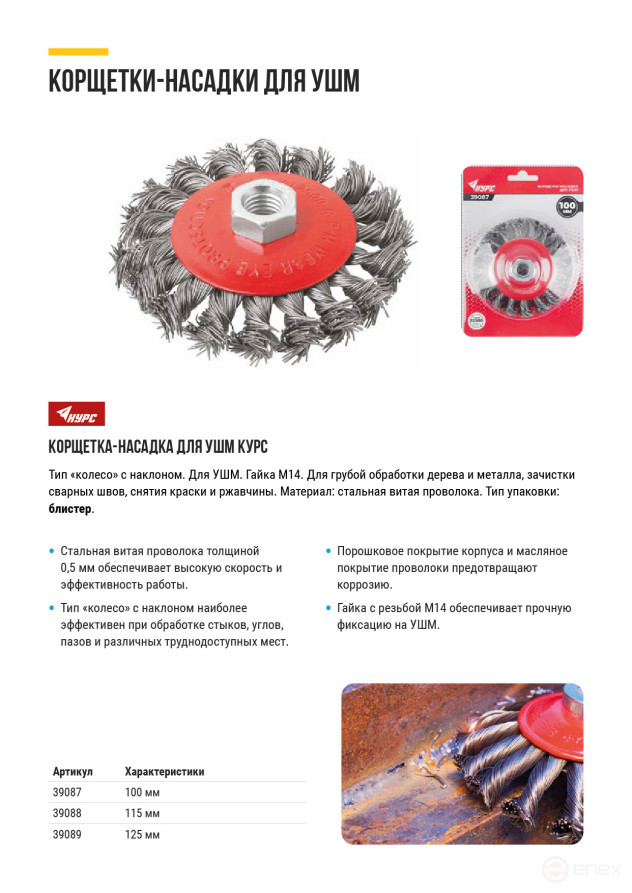 Корщетка-колесо с наклоном, гайка М14, стальная витая проволока 115 мм, блистер